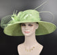 Spring Green Wide Brim Sinamay Derby Hat: Feather Flower Ascot Hat