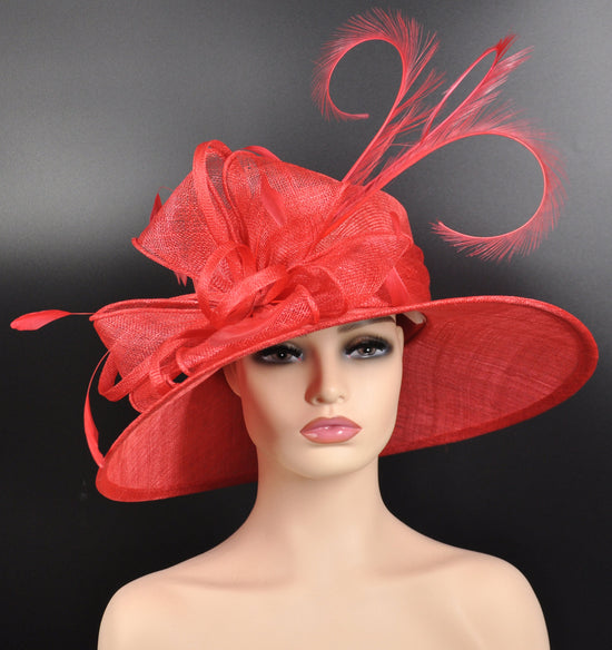 Red Sinamay Derby Hat: Wide Brim Feathered Tea Party Hat