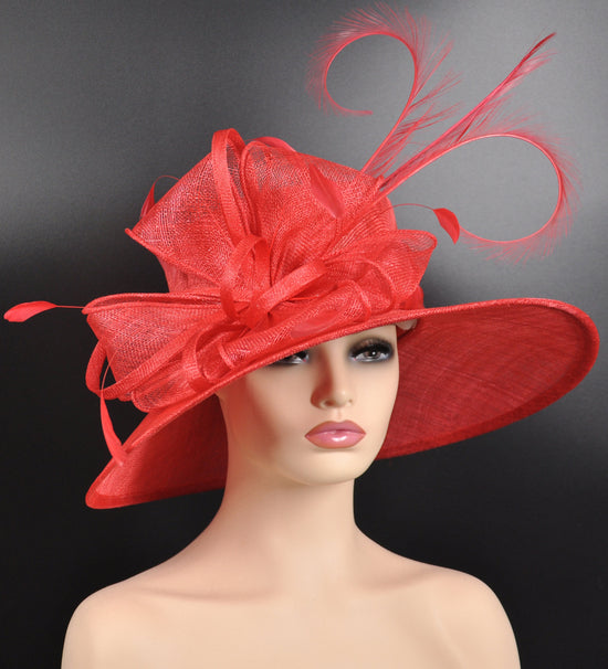 Red Sinamay Kentucky Derby Hat: Wide Brim Feathered Tea Party Hat