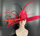 Red & Black Sinamay Derby Hat: Wide Brim Feather Ascot Hat
