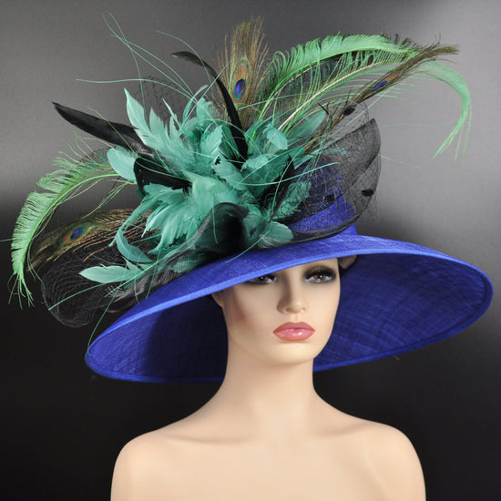 Royal Blue Kentucky Derby Hat: Sinamay Wide Brim with Peacock Feathers