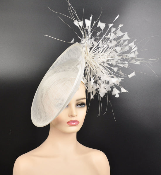 White Kentucky Derby Fascinator Hat, Sinamay Disc with Goose Feather Flowers