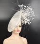 White Kentucky Derby Hat Sinamay Disc Fascinator Hat with  Jumbo Goose Feather Flowers  15 colors available