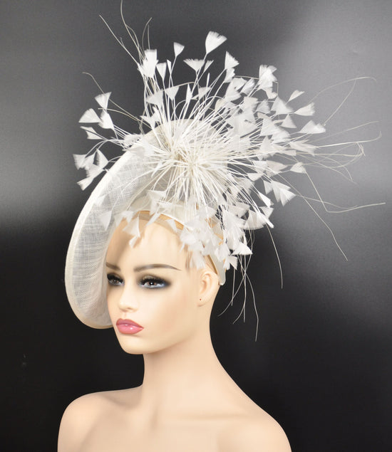 White Kentucky Derby Hat Sinamay Disc Fascinator Hat with  Jumbo Goose Feather Flowers  15 colors available