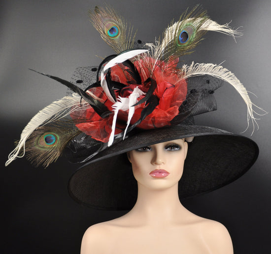 Sinamay Derby Hat, Black Wide Brim with Red Silk Flowers