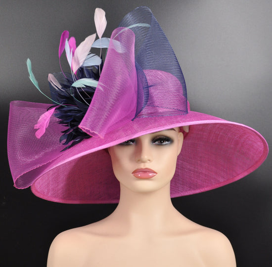 Sinamay Kentucky Derby Hat: Hot Pink Wide Brim Feather Ascot Hat