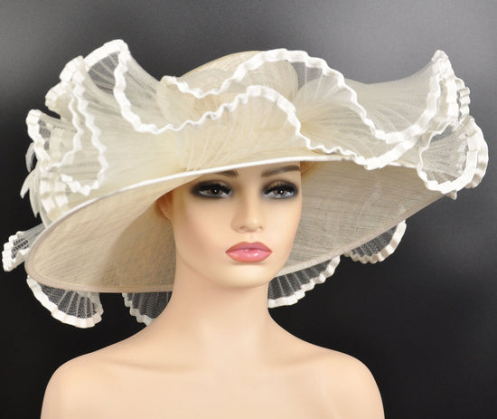 Ivory Sinamay Kentucky Derby Hat: Feather Flower Tea Party Church Hat