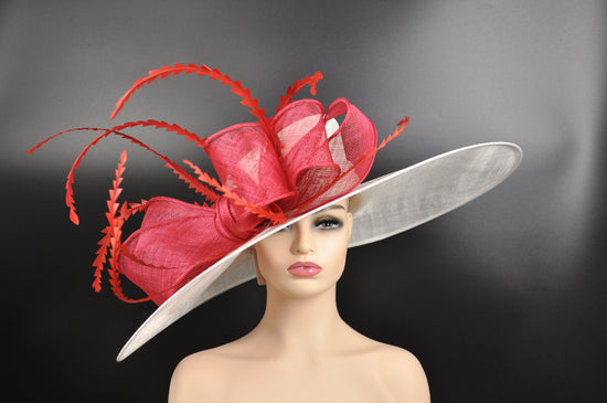 White Derby Hat: Red Feather Ascot Fascinator