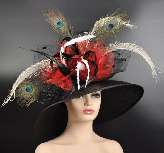Black w Red Silk Flowers  Peacock Feathers  Kentucky Derby,Tea Party Carriage Party  Royal AscotWide Brim  Sinamay Hat