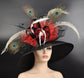 Black w Red Silk Flowers  Peacock Feathers  Kentucky Derby,Tea Party Carriage Party  Royal AscotWide Brim  Sinamay Hat