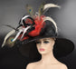 Black w Red Silk Flowers  Peacock Feathers  Kentucky Derby,Tea Party Carriage Party  Royal AscotWide Brim  Sinamay Hat