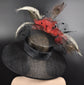 Black w Red Silk Flowers  Peacock Feathers  Kentucky Derby,Tea Party Carriage Party  Royal AscotWide Brim  Sinamay Hat