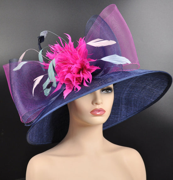 Church Kentucky Derby Hat Carriage Tea Party Wedding Wide Brim Sinamay Hat Navy Blue w Fuchsia Pink  Poweder Blue Turquoise Pink