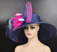 Church Kentucky Derby Hat Carriage Tea Party Wedding Wide Brim Sinamay Hat Navy Blue w Fuchsia Pink  Poweder Blue Turquoise Pink