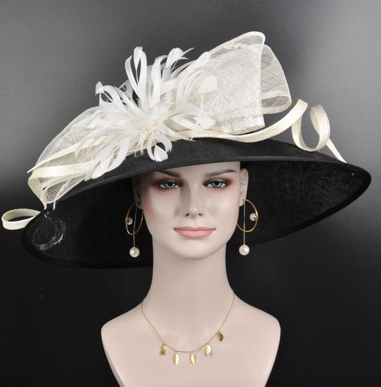 Black  Ivory Wide Brim Kentucky Derby Hat,Ascot Hat for Wedding & Tea Party, Garden Party Hat, Mother of the Bride, Church