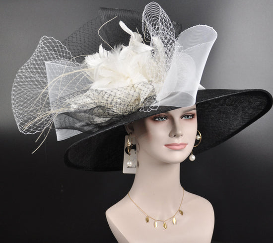Church Kentucky Derby Hat Wide Brim Sinamay Hat  Carriage Tea Party Wedding  Black w White