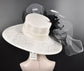 Wide Brim Sinamay Derby Hat: White & Black Feather Ascot Fascinator