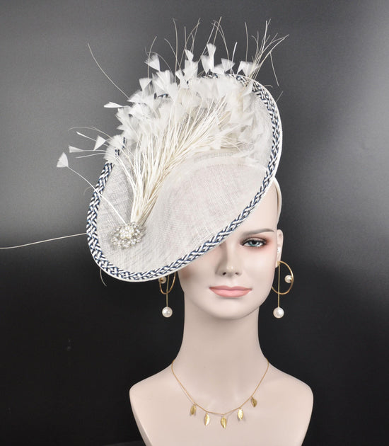 White Sinamay Fascinator: Feather Flower Derby Hat