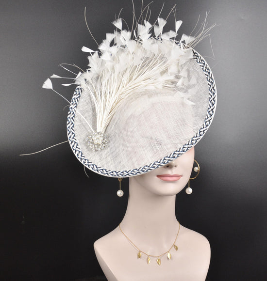 White Sinamay Fascinator: Feather Flower Kentucky Derby Hat