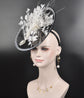 Black Sinamay Fascinator Hat: White Feather Flower, Rhinestone Derby Hat