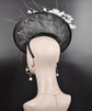 Black Sinamay Fascinator Hat: White Feather Flower, Rhinestone Derby Hat