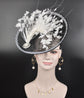 Black Sinamay Fascinator Hat: White Feather Flower, Rhinestone Derby Hat