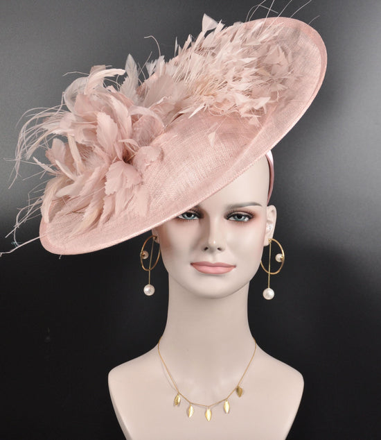 Blush Pink Sinamay Fascinator Hat with Feather Flowers