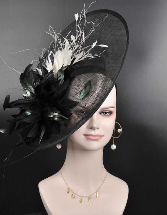 Black Sinamay Fascinator Hat: Feather Flower DerbyTea Party Headband