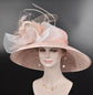 Church Kentucky Derby Hat Carriage Tea Party Wedding  Feather Flowers  Jumbo Bows and Ostrich  Quills Dusty /Blush Pink w White