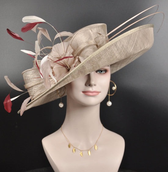 Sinamay Kentucky Derby Hat: Taupe Burgundy Feather Fascinator