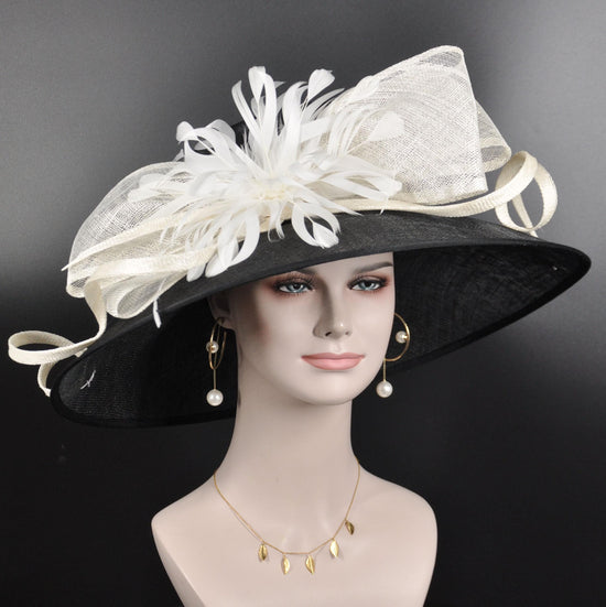 Wide Brim Sinamay Derby Hat: Black & Ivory Wedding Ascot Race Day