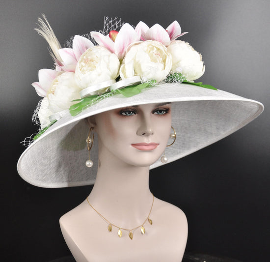 Wide Brim Sinamay Derby Hat: White Peony & Orchid Design