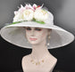 Wide Brim Sinamay Derby Hat: White Peony & Orchid Design