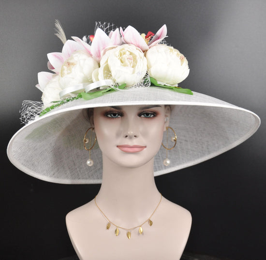 White Peony Orchid Design Wide Brim Kentucky Derby Hat,Ascot Hat for Wedding & Tea Party, Garden Party Hat, Mother of the Bride, Church