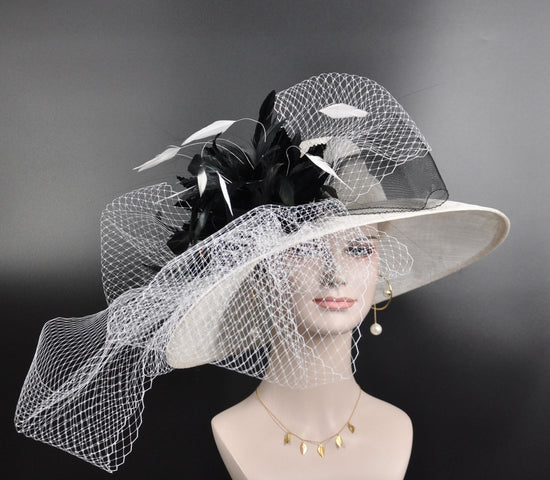 Wide Brim Sinamay Derby Hat: White & Black Feather Ascot Fascinator