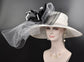Wide Brim Sinamay Derby Hat: White & Black Feather Ascot Fascinator