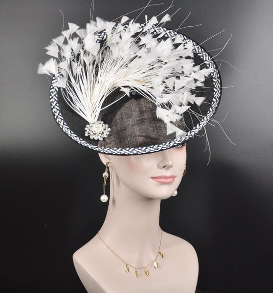Black Sinamay Fascinator Hat: White Feather Flower, Rhinestone Derby Hat