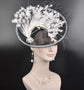 Black Sinamay Fascinator Hat: White Feather Flower, Rhinestone Derby Hat