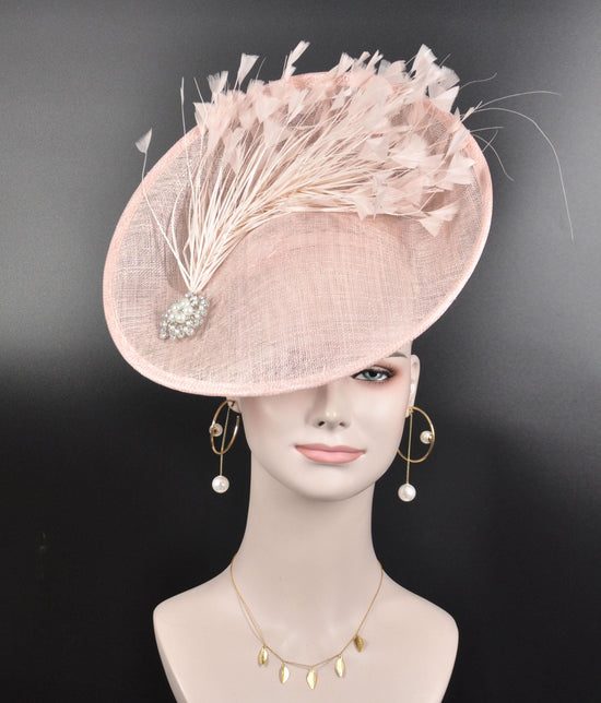 Blush Pink Sinamay Fascinator: Feather Flower Derby Hat