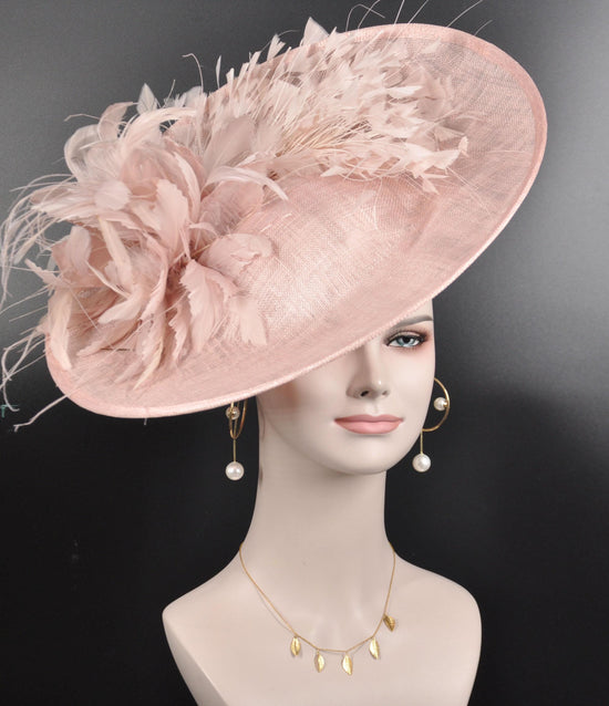 Blush Pink/ Dusty Pink Sinamay Fascinator Hat Kentucky Derby Hat Tea Wedding Party Hat with Jumbo  Feather Flowers