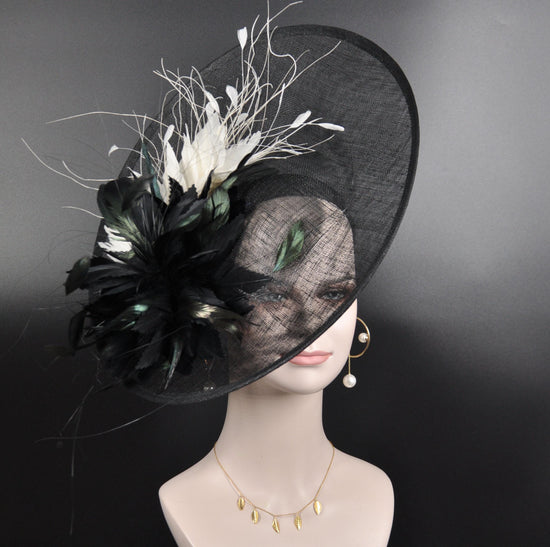Black Sinamay Fascinator Hat: Feather Flower Kentucky Derby Tea Party Headband