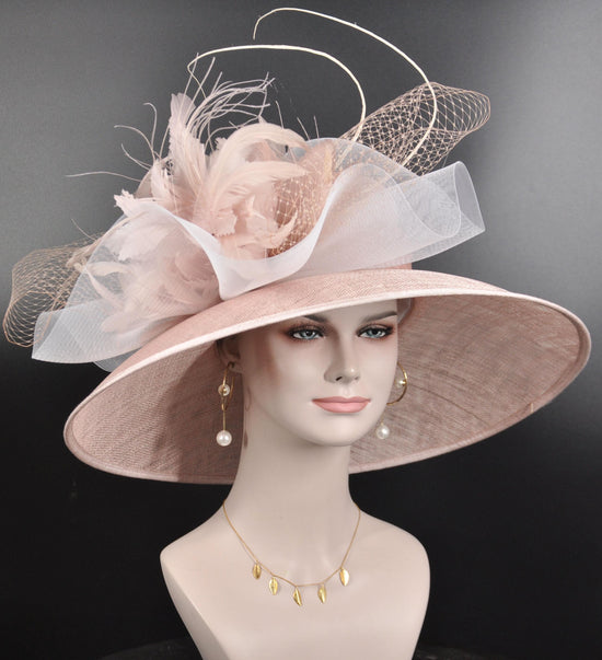 Church Kentucky Derby Hat Carriage Tea Party Wedding  Feather Flowers  Jumbo Bows and Ostrich  Quills Dusty /Blush Pink w White