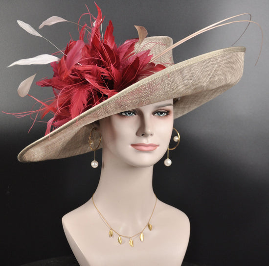 Wide Brim Sinamay Derby Hat: Burgundy Feather Church Wedding Ascot Hat