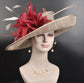 Wide Brim Sinamay Derby Hat: Burgundy Feather Church Wedding Ascot Hat
