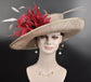 Wide Brim Sinamay Derby Hat: Burgundy Feather Church Wedding Ascot Hat
