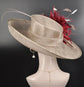 Wide Brim Sinamay Derby Hat: Burgundy Feather Church Wedding Ascot Hat