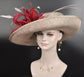 Wide Brim Sinamay Derby Hat: Burgundy Feather Church Wedding Ascot Hat