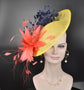 Yellow Sinamay Fascinator Hat: Coral Feather Flower, Kentucky Derby