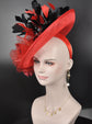 Red Fascinator Hat: Black Feather & Silk Flower, Kentucky Derby
