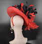 Red Fascinator Hat: Black Feather & Silk Flower, Kentucky Derby